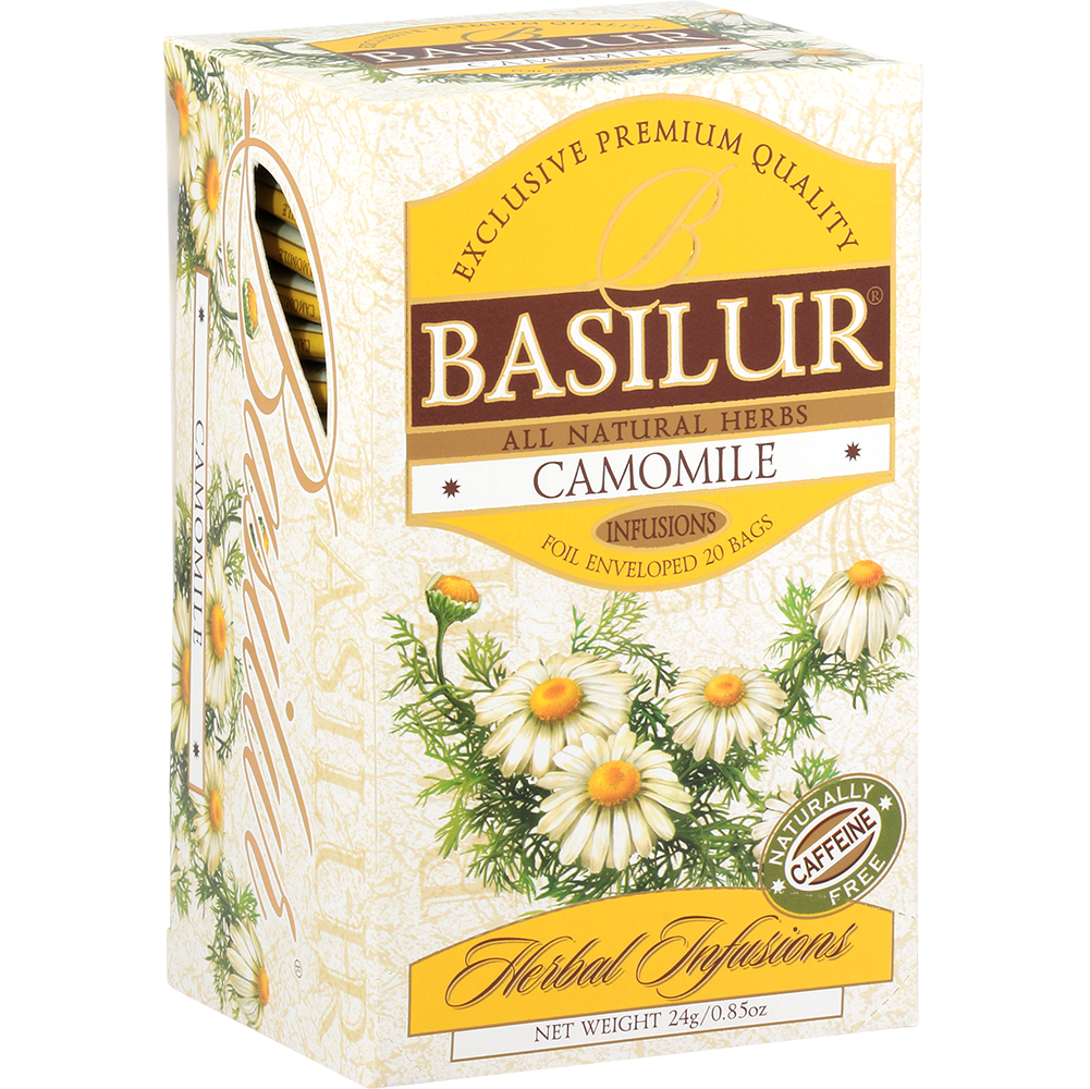 Bok pudełka Basilur Camomile z opisem produktu.