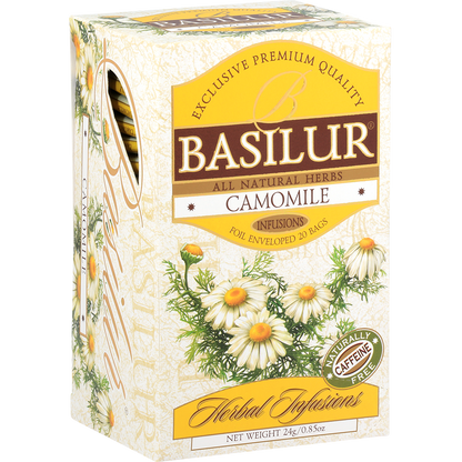 Bok pudełka Basilur Camomile z opisem produktu.