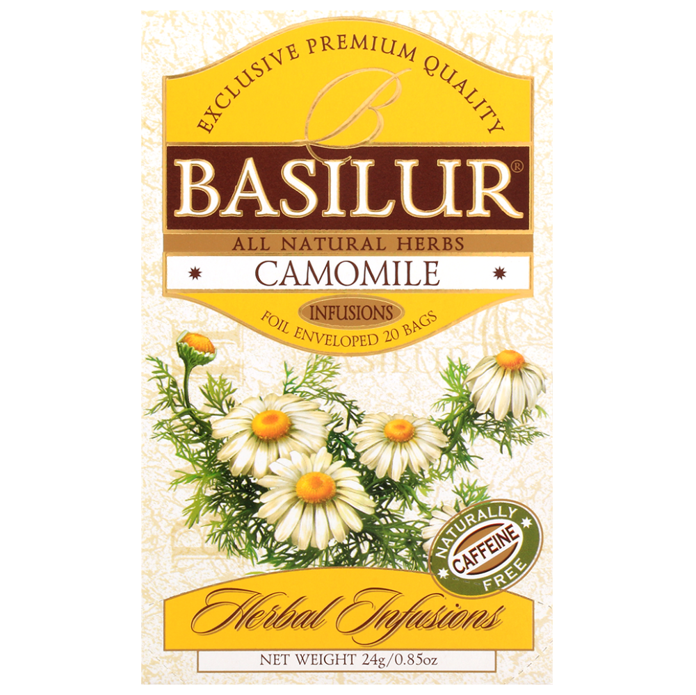 Przód opakowania herbaty Basilur Camomile z kolekcji Herbal Infusions.