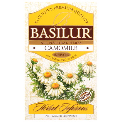 Przód opakowania herbaty Basilur Camomile z kolekcji Herbal Infusions.