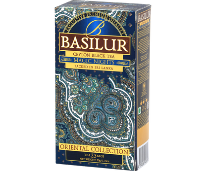 Bok pudełka Basilur Magic Nights – eleganckie, orientalne wzory.