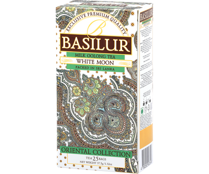 Bok pudełka Basilur White Moon – mleczna herbata Oolong 25 x 1,5 g.