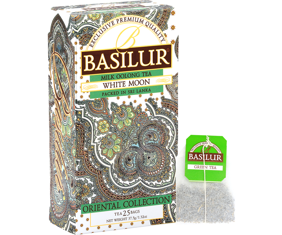 Herbata Basilur White Moon – torebka herbaty Oolong i pudełko.
