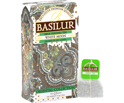 Herbata Basilur White Moon – torebka herbaty Oolong i pudełko.
