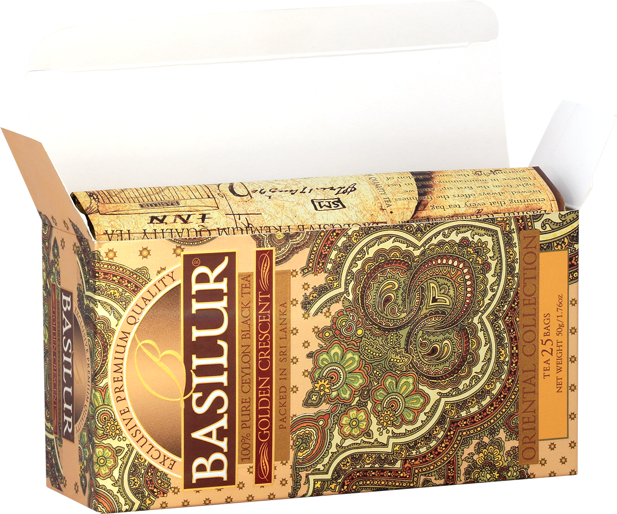 Otwarta herbata Basilur Golden Crescent z widocznymi torebkami w środku.