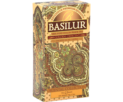 Herbata Basilur Golden Crescent widok z boku, elegancki orientalny wzór paisley.