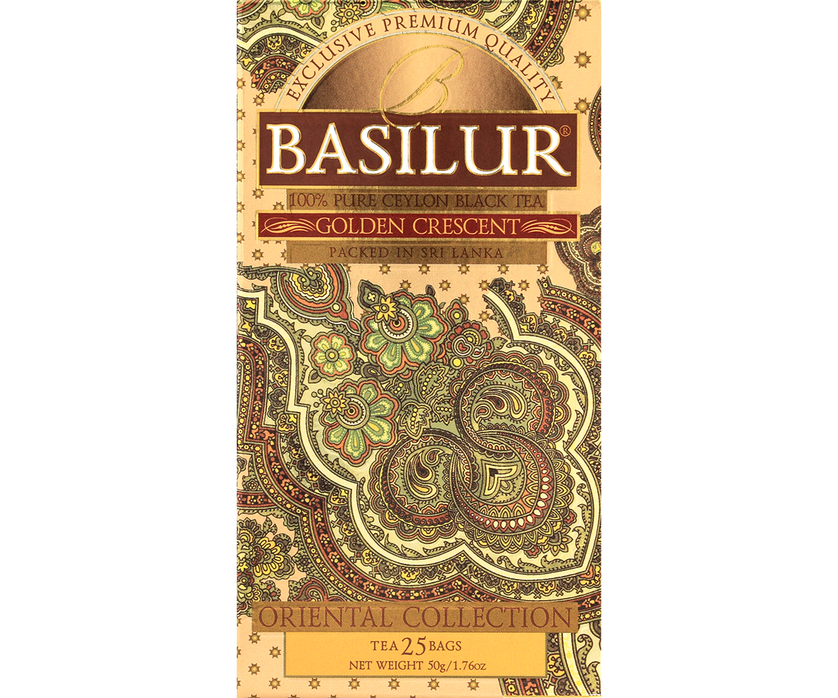 Herbata Basilur Golden Crescent w ozdobnym pudełku z cejlońską czarną herbatą.