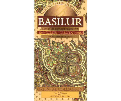 Herbata Basilur Golden Crescent w ozdobnym pudełku z cejlońską czarną herbatą.