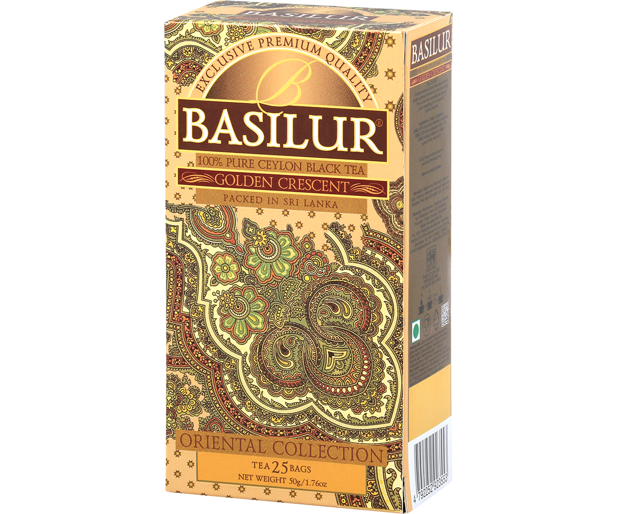 Opakowanie herbaty Basilur Golden Crescent z kolekcji Oriental Collection w złoto-brązowych barwach.