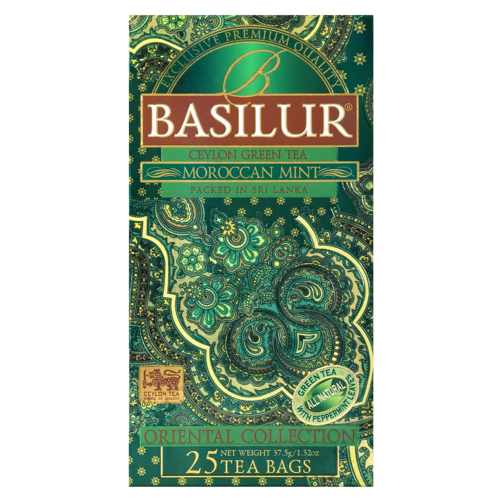 Fotografia przedstawiająca front pudełka Basilur Moroccan Mint aromatyczna zielona herbata z miętą.
