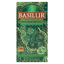 Fotografia przedstawiająca front pudełka Basilur Moroccan Mint aromatyczna zielona herbata z miętą.
