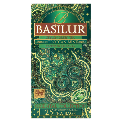 Fotografia przedstawiająca front pudełka Basilur Moroccan Mint aromatyczna zielona herbata z miętą.
