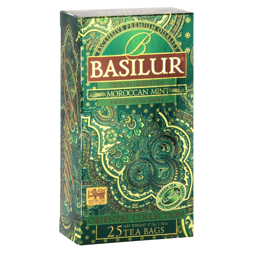 Zdjęcie prezentujące opakowanie herbaty Basilur Moroccan Mint zielona herbata cejlońska z miętą.

