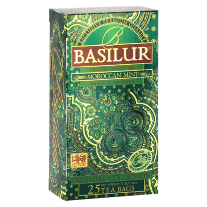 Zdjęcie prezentujące opakowanie herbaty Basilur Moroccan Mint zielona herbata cejlońska z miętą.
