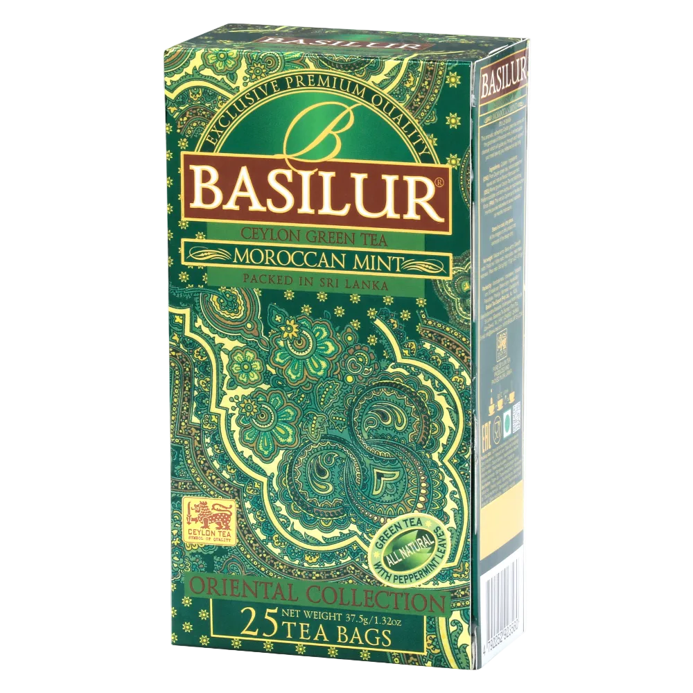 Ujęcie trójwymiarowe opakowania Basilur Moroccan Mint zielona herbata z orzeźwiającą miętą.
