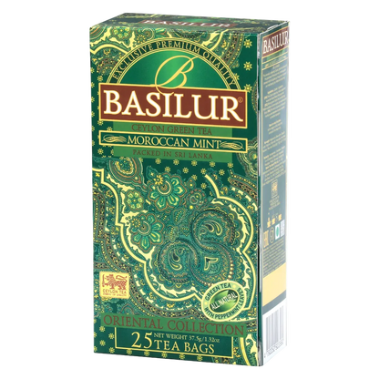 Ujęcie trójwymiarowe opakowania Basilur Moroccan Mint zielona herbata z orzeźwiającą miętą.

