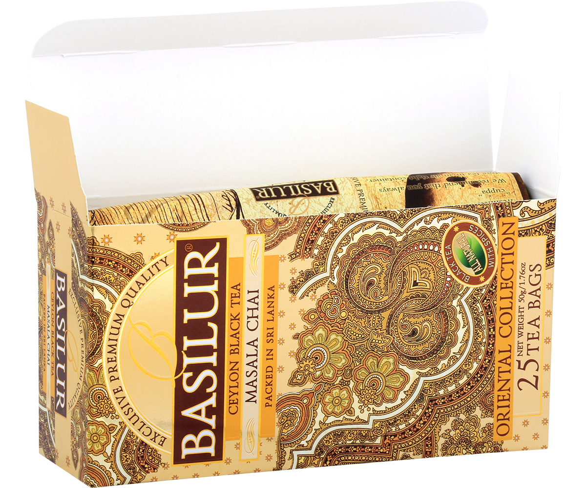 Otwarte pudełko Basilur Masala Chai – aromatyczna herbata cejlońska z przyprawami.