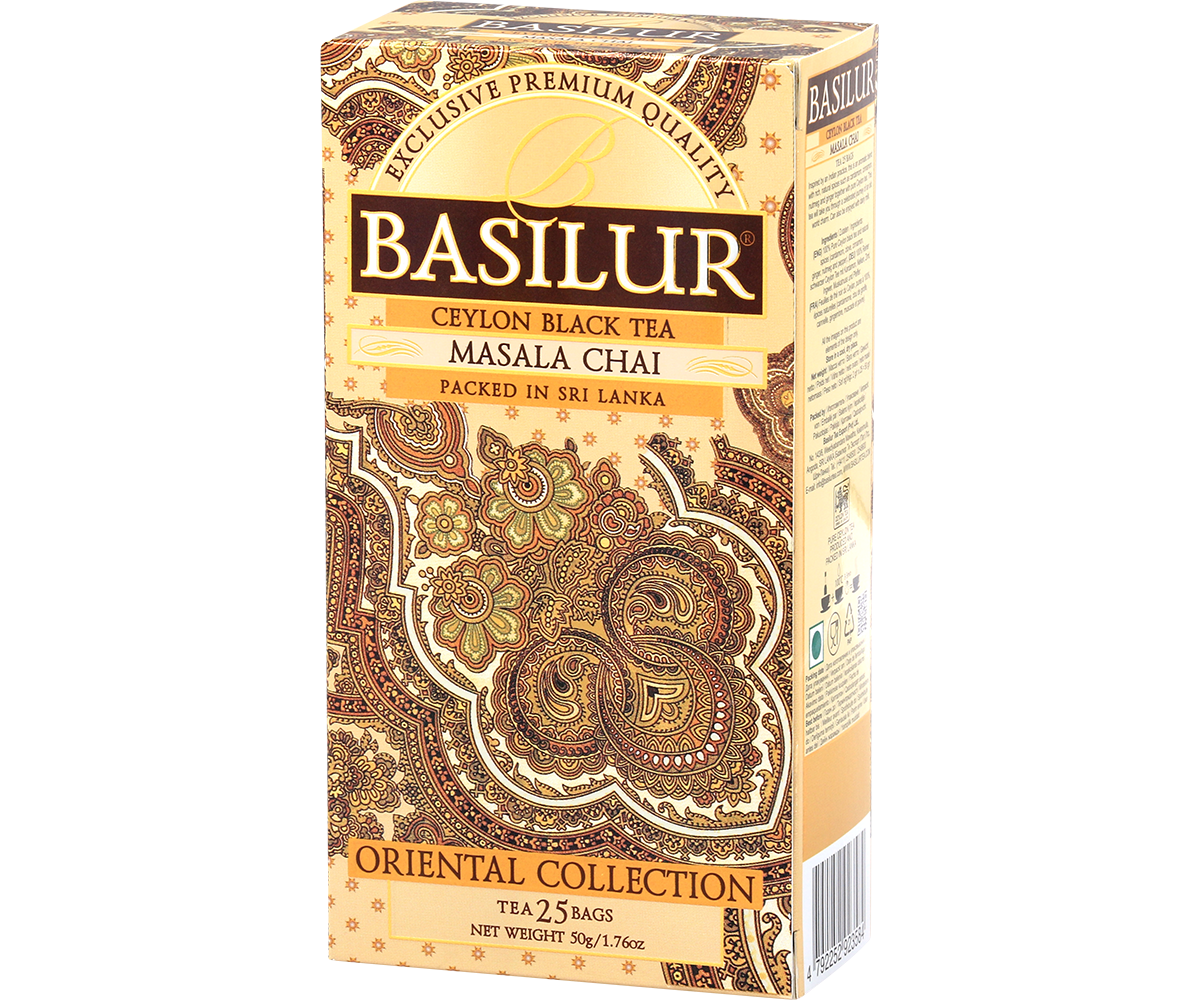Opakowanie Basilur Masala Chai – czarna herbata cejlońska z przyprawami korzennymi.