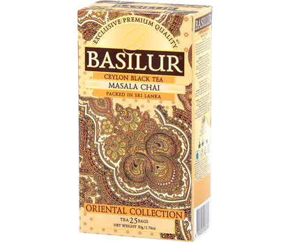 Opakowanie Basilur Masala Chai – czarna herbata cejlońska z przyprawami korzennymi.