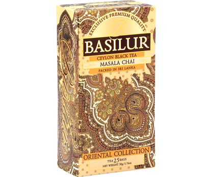 Herbata Basilur Masala Chai – eleganckie pudełko w orientalne wzory.