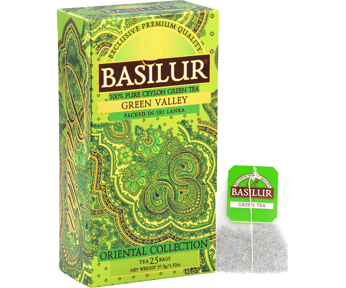 Herbata Basilur Green Valley z torebką herbaty obok opakowania.