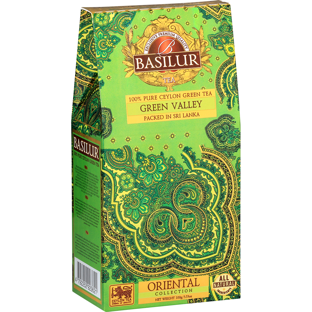 Widok boczny pudełka Basilur Green Valley z orientalnym wzorem.