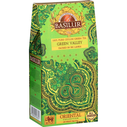 Widok boczny pudełka Basilur Green Valley z orientalnym wzorem.