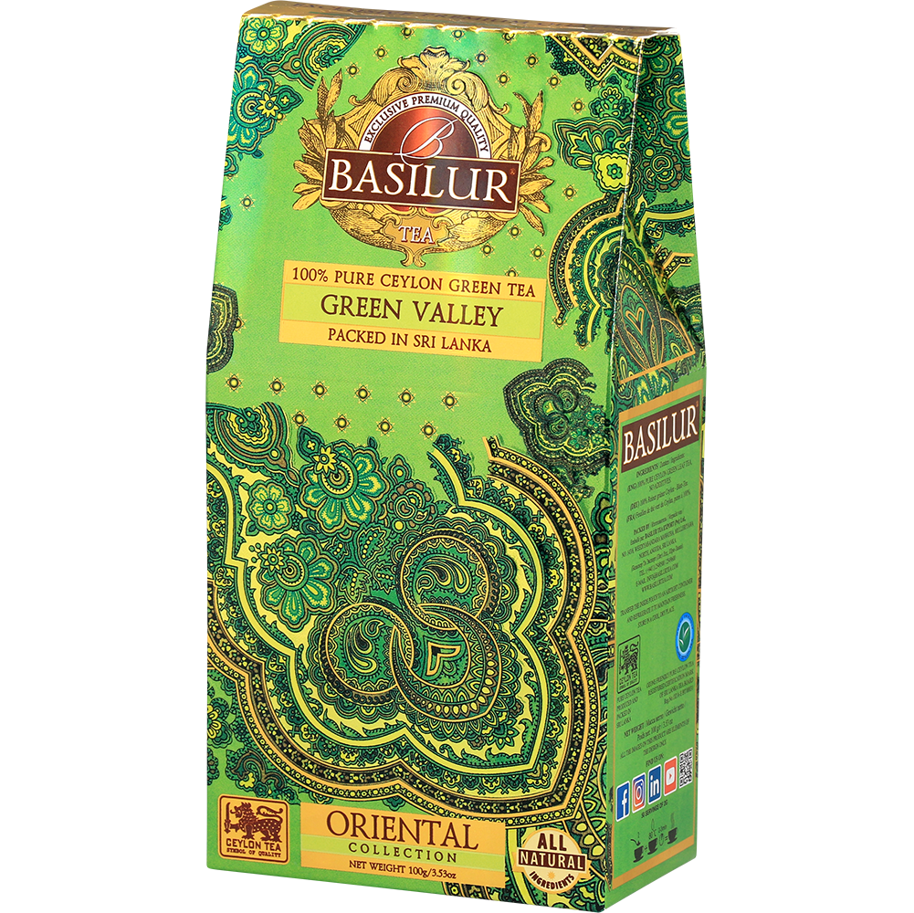 Opakowanie herbaty Basilur Green Valley z kolekcji Oriental Collection w odcieniach zieleni i złota.