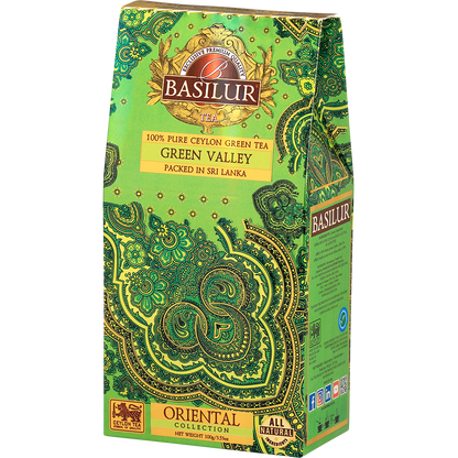 Opakowanie herbaty Basilur Green Valley z kolekcji Oriental Collection w odcieniach zieleni i złota.