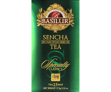Opakowanie herbaty Basilur Sencha 25 x 1,5 g, zielona herbata cejlońska o delikatnym smaku.