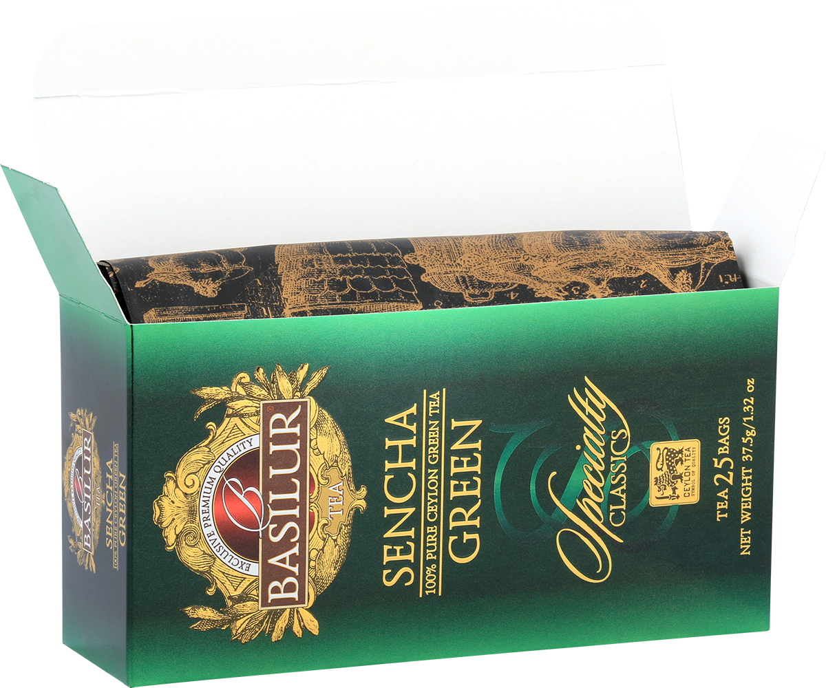 Otwarte pudełko Basilur Sencha z widocznymi saszetkami zielonej herbaty.
