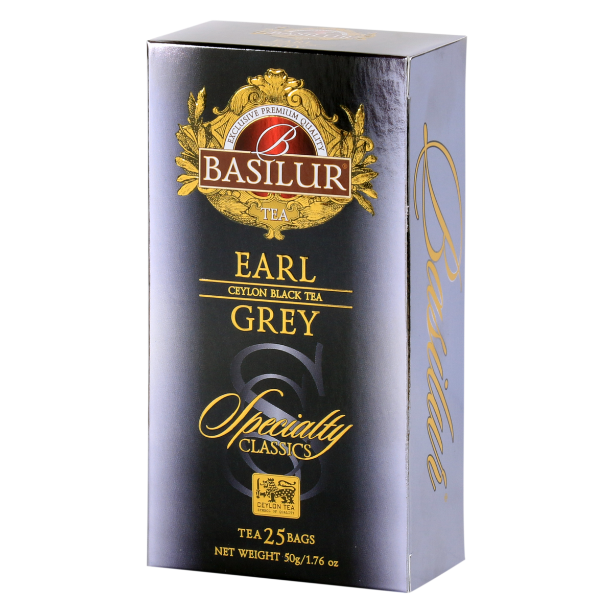 Opakowanie herbaty Basilur Earl Grey 25 x 2 g, czarna herbata cejlońska z aromatem bergamotki.
