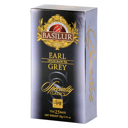 Opakowanie herbaty Basilur Earl Grey 25 x 2 g, czarna herbata cejlońska z aromatem bergamotki.