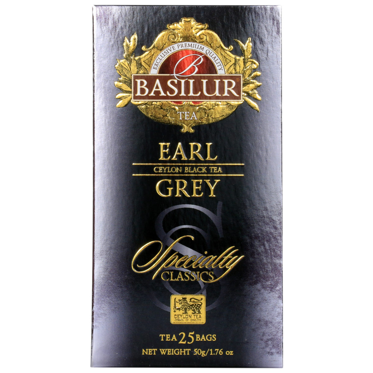 Opakowanie herbaty Basilur Earl Grey 25 x 2 g, czarna herbata cejlońska z aromatem bergamotki.