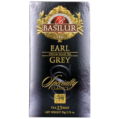 Opakowanie herbaty Basilur Earl Grey 25 x 2 g, czarna herbata cejlońska z aromatem bergamotki.
