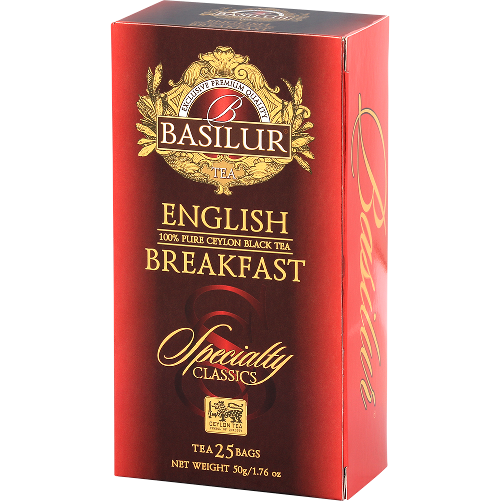 Widok boczny opakowania Basilur English Breakfast, herbata czarna cejlońska.