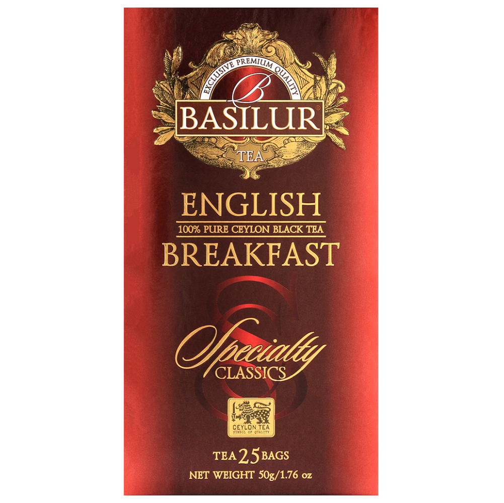 Opakowanie herbaty Basilur English Breakfast 25 x 2 g, czarna herbata cejlońska w eleganckim pudełku.