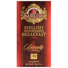 Opakowanie herbaty Basilur English Breakfast 25 x 2 g, czarna herbata cejlońska w eleganckim pudełku.