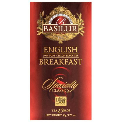 Opakowanie herbaty Basilur English Breakfast 25 x 2 g, czarna herbata cejlońska w eleganckim pudełku.