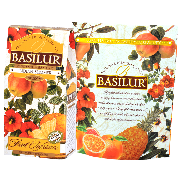 Opakowanie herbaty owocowej Basilur Indian Summer 100 g i ozdobny kartonik