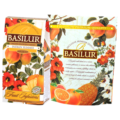 Opakowanie herbaty owocowej Basilur Indian Summer 100 g i ozdobny kartonik