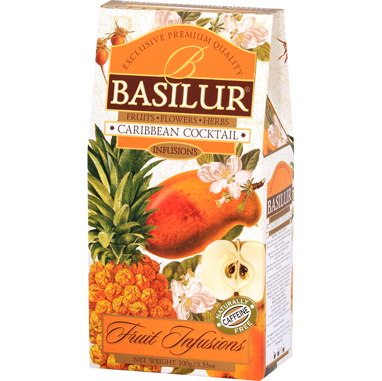 Herbata owocowa Basilur Caribbean Cocktail 100 g w kartonowym opakowaniu, widok z przodu i prawego boku