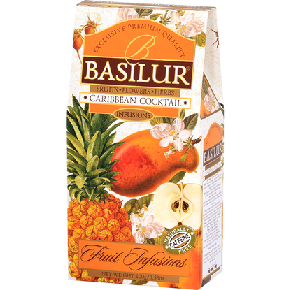 Herbata owocowa Basilur Caribbean Cocktail 100 g w kartonowym opakowaniu, widok z przodu i prawego boku