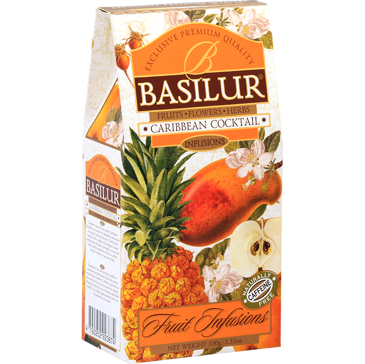 Herbata owocowa Basilur Caribbean Cocktail 100 g, opakowanie widoczne pod kątem z lewej strony, z ilustracjami owoców