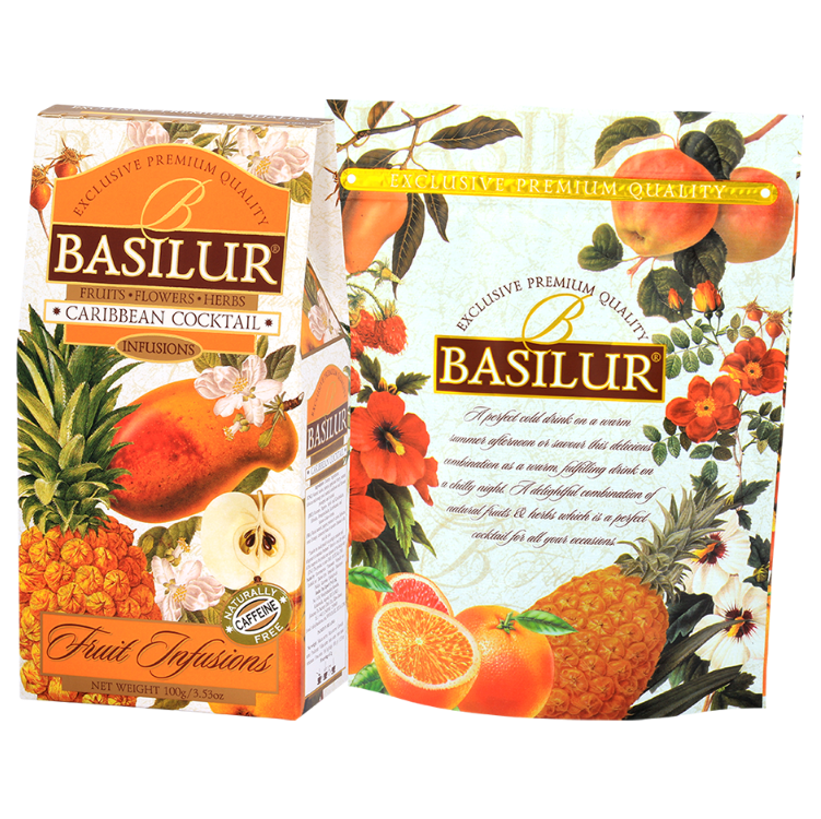 Herbata owocowa Basilur Caribbean Cocktail 100 g obok ozdobnej grafiki marki z ananasem, pomarańczami i kwiatami