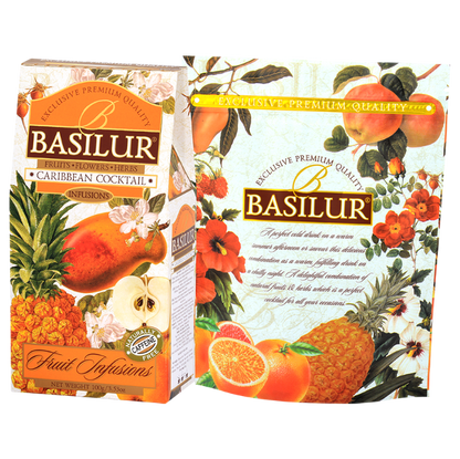 Herbata owocowa Basilur Caribbean Cocktail 100 g obok ozdobnej grafiki marki z ananasem, pomarańczami i kwiatami