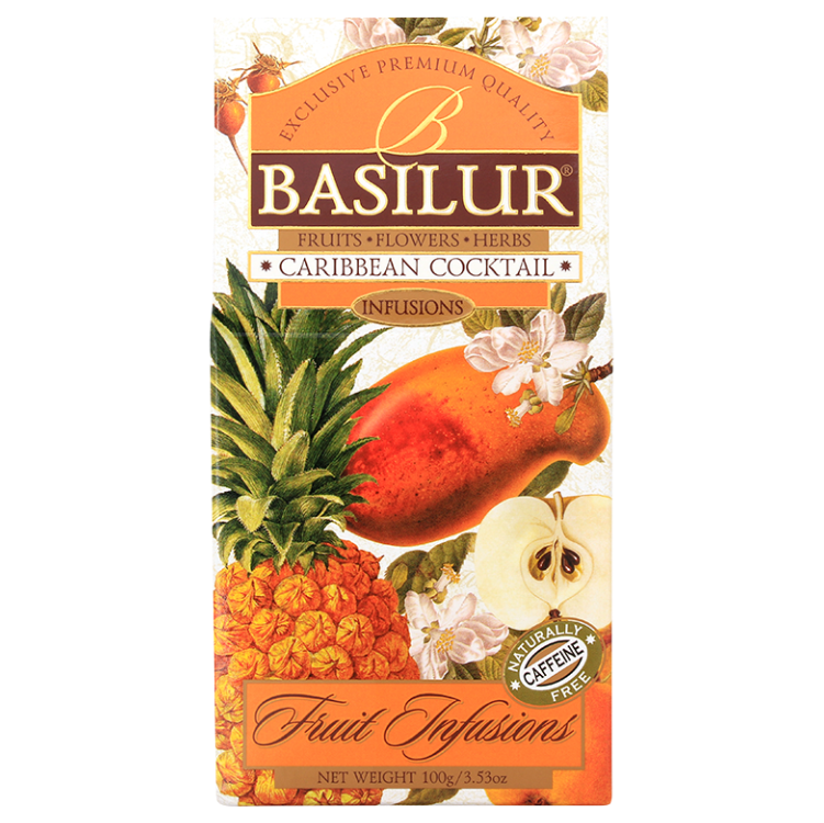 Herbata owocowa Basilur Caribbean Cocktail 100 g, opakowanie widoczne pod kątem z lewej strony, z ilustracjami owoców