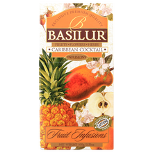 Herbata owocowa Basilur Caribbean Cocktail 100 g, opakowanie widoczne pod kątem z lewej strony, z ilustracjami owoców