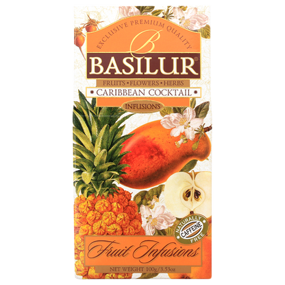 Herbata owocowa Basilur Caribbean Cocktail 100 g, opakowanie widoczne pod kątem z lewej strony, z ilustracjami owoców