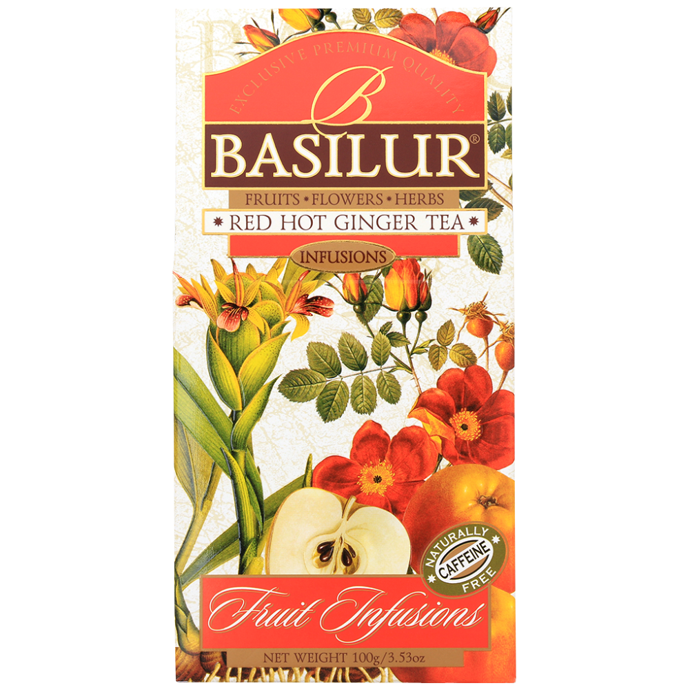 Basilur Red Hot Ginger 100 g, front kartonowego pudełka z ilustracją owoców i kwiatów